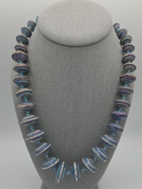 5 for $25! Bead For Life Handcrafted Blue Striped Disk Bead Necklace